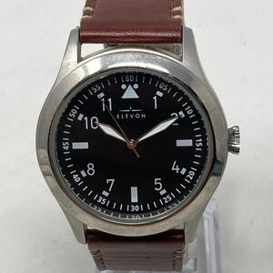 Elevon Watch Men 41mm Silver Tone Black Dial WR 30M Brown Band New Battery 9.5"